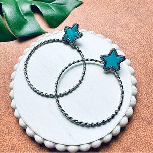 2/$30🌵 Western Faux Turquoise Stone Star Silver Twist Hoop Earrings Rodeo NEW
